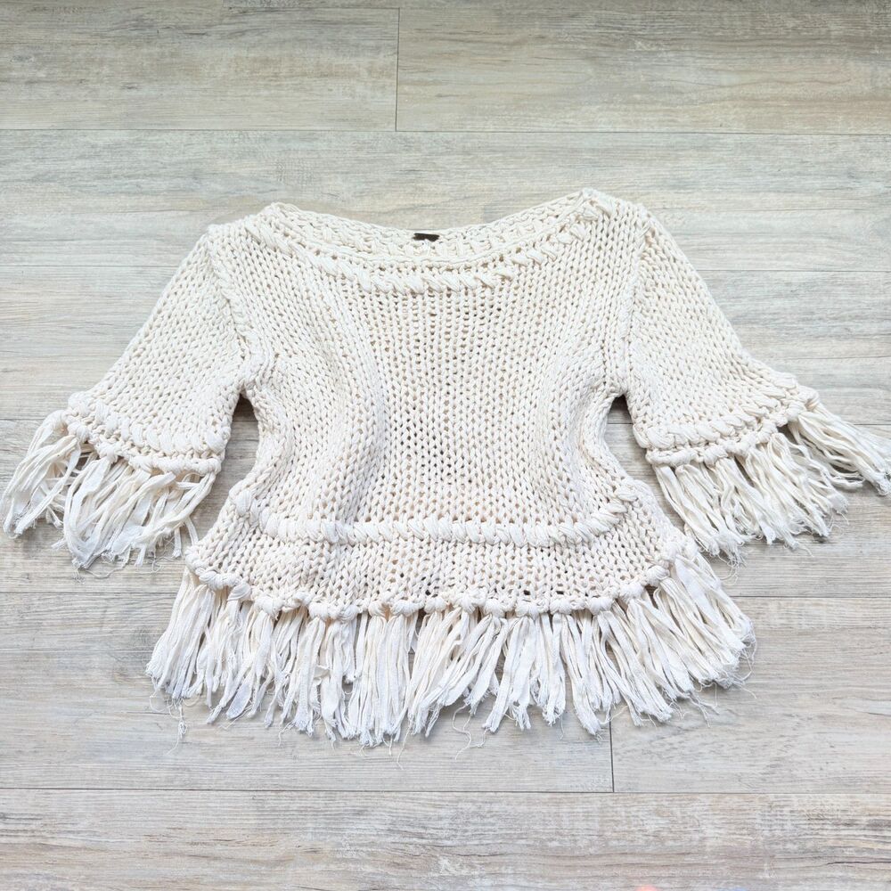 Free People On The Fringe Sweater XS Cream Fringe Knit Boho Festival Western